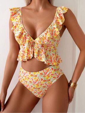 Yellow Floral Ruffle Two-Piece Bikini